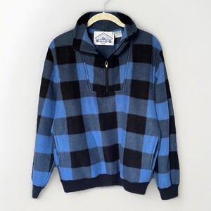 VTG 90s Sears Trader Bay 1/4 Zip Fleece Blue Buffalo Plaid Fleece Pullover S Y2K